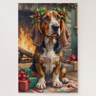 Endearing Basset Hound Dog with Christmas Wreath Jigsaw Puzzle