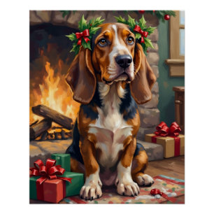 Endearing Basset Hound Dog with Christmas Wreath Poster