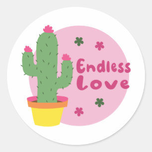 Endless Love Kawaii Green Cactus With Pink Text Classic Round Sticker
