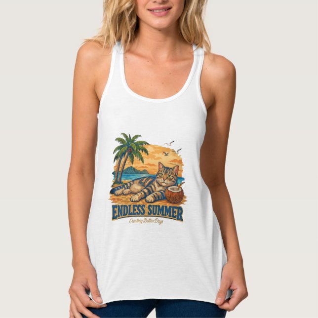 Endless Summer Cat Tee Funny Beach Women  (Front)