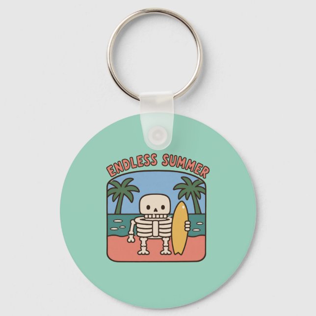 Endless Summer Surfing Skeleton Retro Beach Nostal Key Ring (Front)