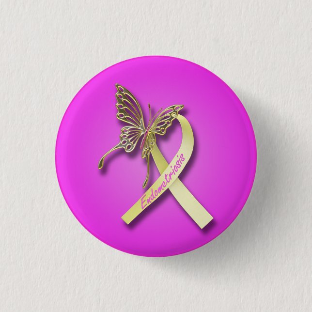 Endometriosis Ribbon with Gold Butterfly 3 Cm Round Badge (Front)