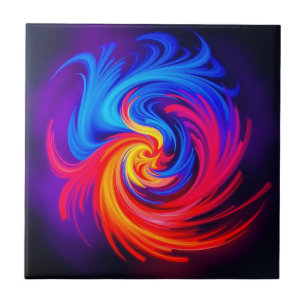 Energetic Abstract Swirl in Blue Red and Yellow Tile