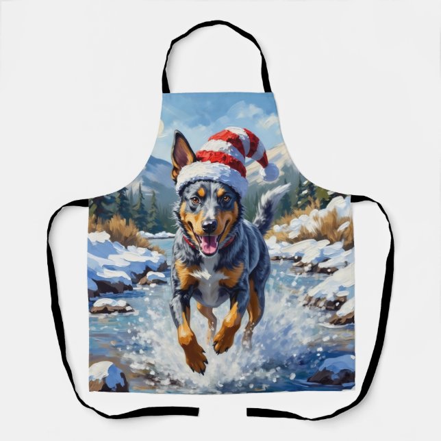 Energetic Blue Heeler Dog Winter Creek Christmas Apron (Front)