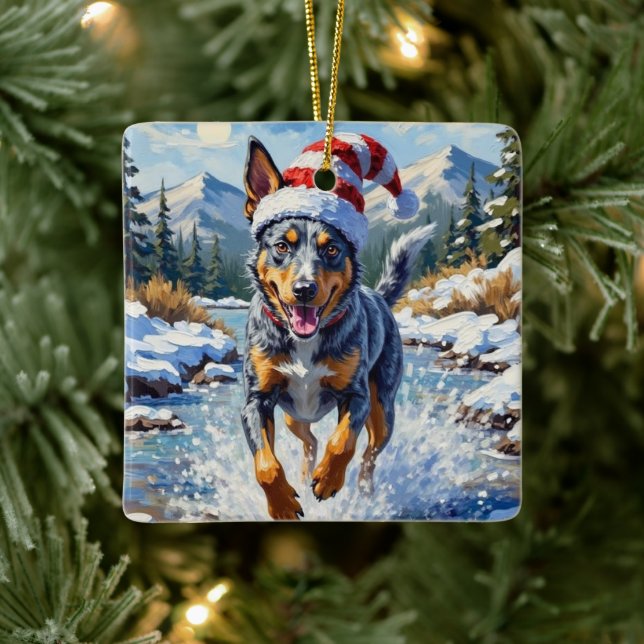 Energetic Blue Heeler Dog Winter Creek Christmas Ceramic Ornament (Tree)