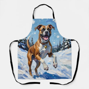 Energetic Boxer Dog Leaping in Winter Snow Fun Apron