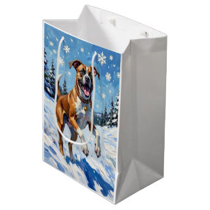 Energetic Boxer Dog Leaping in Winter Snow Fun Medium Gift Bag