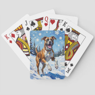 Energetic Boxer Dog Leaping in Winter Snow Fun Playing Cards