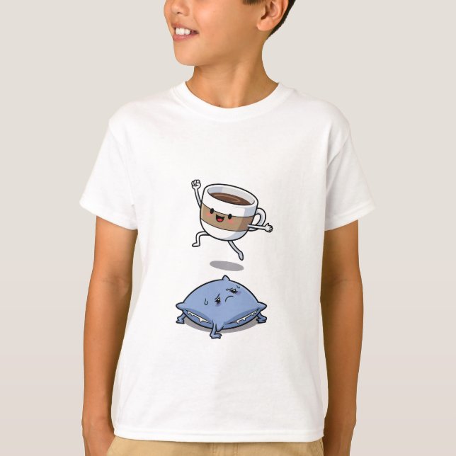 Energetic Cartoon Coffee Cup Jumping Over  T-Shirt (Front)
