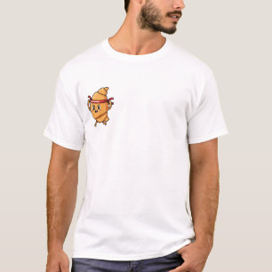 Energetic Cartoon Croissant Character Wearing Red  T-Shirt