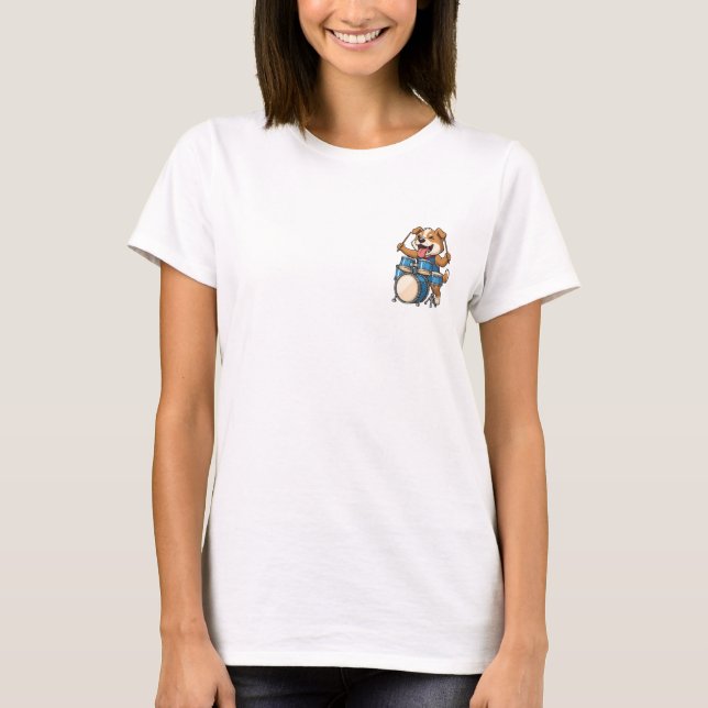 Energetic Cartoon Dog Playing a Blue Drum Set T-Shirt (Front)