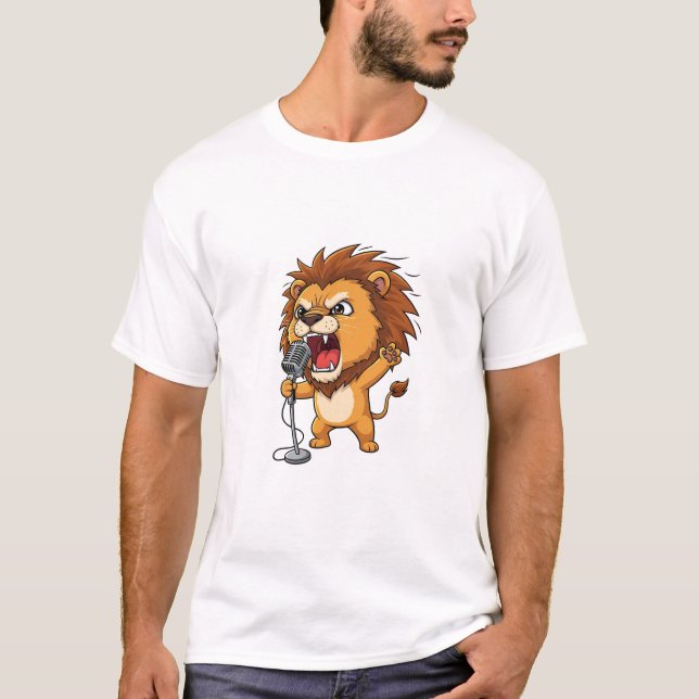 Energetic Cartoon Lion Singing T-Shirt (Front)
