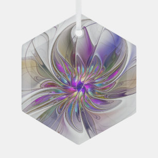 Energetic, Colorful Abstract Fractal Art Flower Glass Tree Decoration