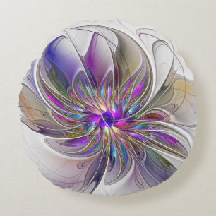 Energetic, Colorful Abstract Fractal Art Flower Round Cushion