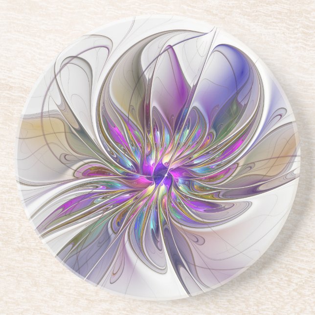 Energetic, Colourful Abstract Fractal Art Flower Coaster (Front)
