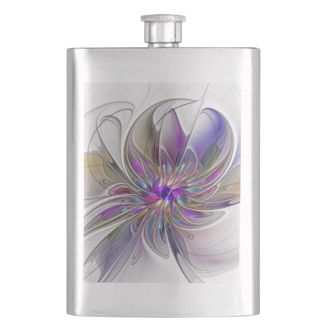 Energetic, Colourful Abstract Fractal Art Flower Hip Flask (Front)