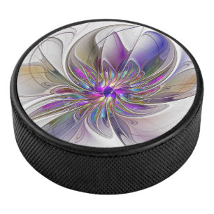 Energetic, Colourful Abstract Fractal Art Flower Hockey Puck