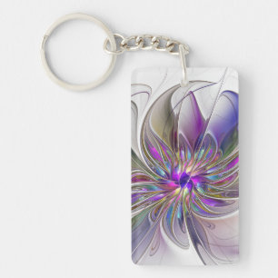 Energetic, Colourful Abstract Fractal Art Flower Key Ring