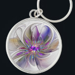 Energetic, Colourful Abstract Fractal Art Flower Key Ring<br><div class="desc">A multicolored powerful fantasy flower, 
unique floral Fractal Art. Design for your round keychain and more.</div>