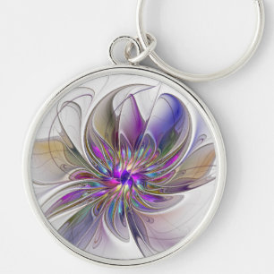 Energetic, Colourful Abstract Fractal Art Flower Key Ring