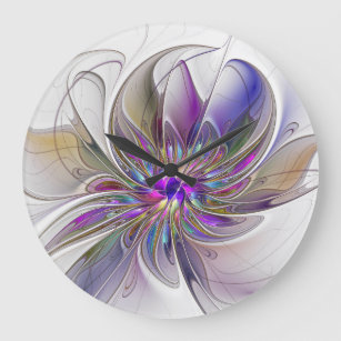 Energetic, Colourful Abstract Fractal Art Flower Large Clock