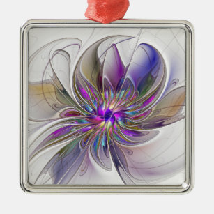 Energetic, Colourful Abstract Fractal Art Flower Metal Tree Decoration