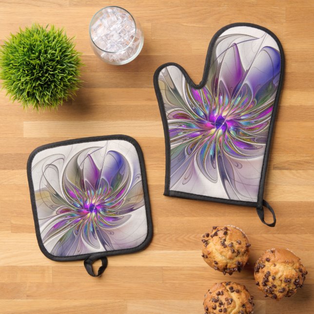 Energetic, Colourful Abstract Fractal Art Flower Oven Mitt & Pot Holder Set (Top Down)
