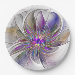 Energetic, Colourful Abstract Fractal Art Flower Paper Plate