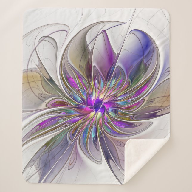 Energetic, Colourful Abstract Fractal Art Flower Sherpa Blanket (Front)