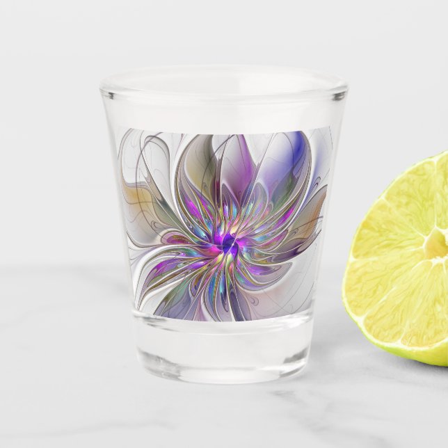 Energetic, Colourful Abstract Fractal Art Flower Shot Glass (Front)