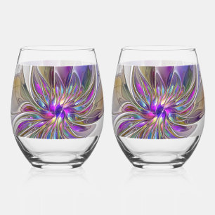 Energetic, Colourful Abstract Fractal Art Flower Stemless Wine Glass