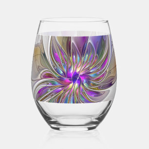 Energetic, Colourful Abstract Fractal Art Flower Stemless Wine Glass