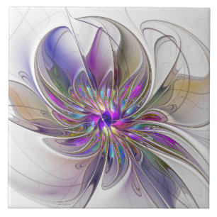 Energetic, Colourful Abstract Fractal Art Flower Tile