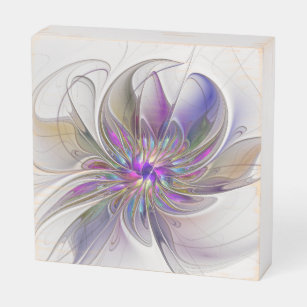 Energetic, Colourful Abstract Fractal Art Flower Wooden Box Sign