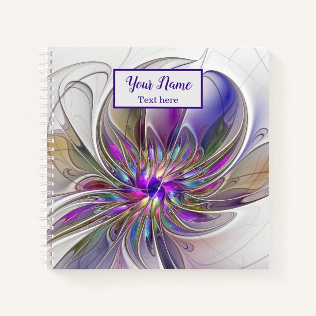 Energetic, Colourful Abstract Fractal Flower Name Notebook (Front)