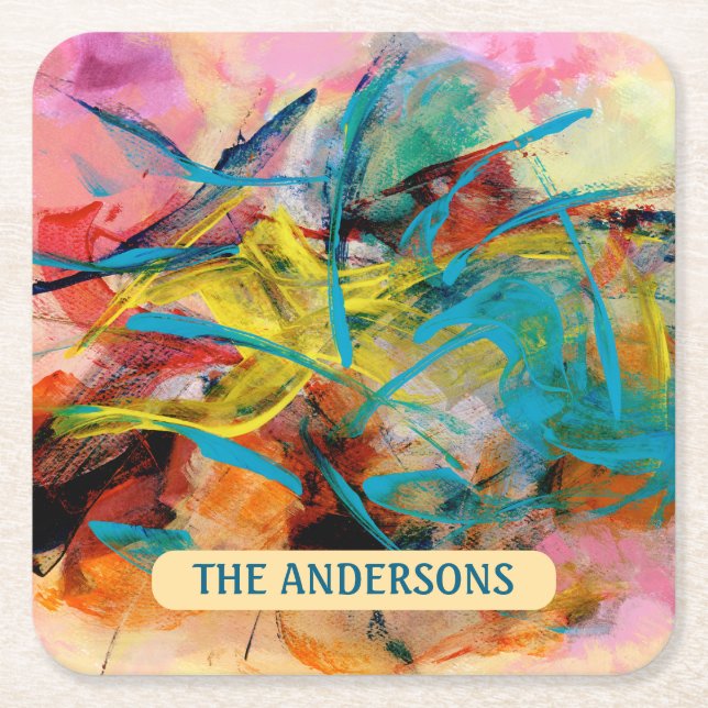 Energetic Colourful Abstract Painting, Name Square Paper Coaster (Front)