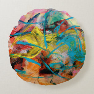 Energetic Colourful Abstract Painting Round Cushion