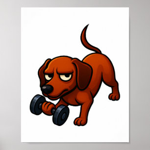 Energetic dachshund dumbbell comic motivation poster