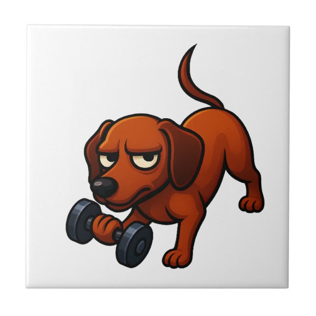 Energetic dachshund dumbbell comic motivation tile (Front)