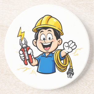 Energetic Electrician Mascot Lightning Cartoon Art Coaster
