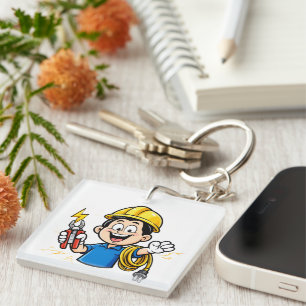 Energetic Electrician Mascot Lightning Cartoon Art Key Ring