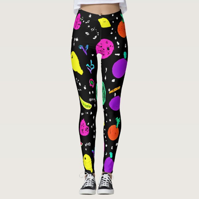 Energetic Neon Fruit Dance Leggings (Front)