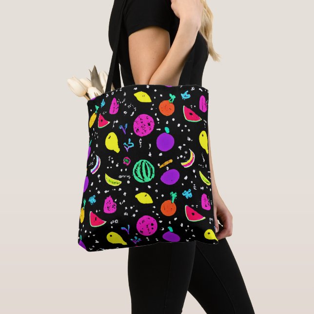 Energetic Neon Fruit Dance Tote Bag (Close Up)