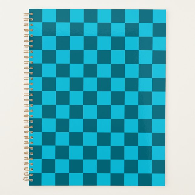 Energising Teal and Turquoise Chequerboard Pattern Planner (Front)
