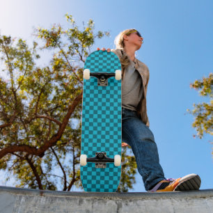 Energising Teal and Turquoise Chequerboard Pattern Skateboard