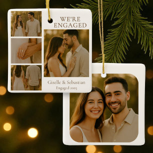 Engaged 4 Photo Engagement Collage Christmas Ceramic Ornament