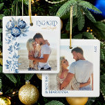 Engaged & Bright 2 Square Engagement Photo<br><div class="desc">Engaged and Bright photo ornament - perfect for engagement gift or couples first christmas engaged! The design features blue bauble ornaments with delicate winter foliage to frame your photo and is elegantly lettered with Engaged and Bright. The other side of the ornament has a second photo framed with the couple's...</div>