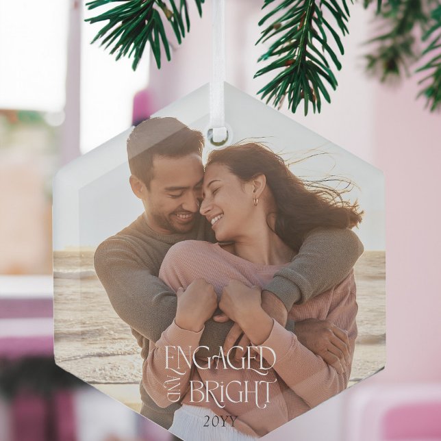 Engaged & Bright Minimalist Modern Wedding Photo Glass Tree Decoration (Engaged & Bright Christmas Ornament with Engagement Photo by Darling & May)