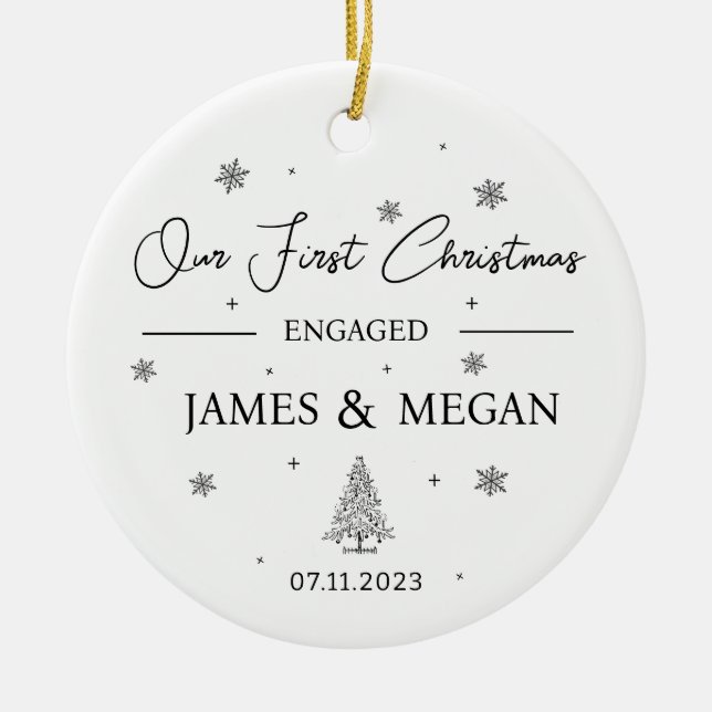 Engaged Christmas, Custom Engagement keepsake Ceramic Tree Decoration (Front)