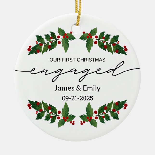 Engaged Christmas Ornament, First Christmas Ceramic Tree Decoration (Front)